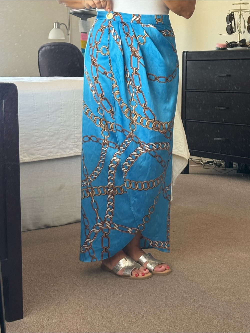 Zara Bright Blue Chain-Print Wrap Maxi Skirt
